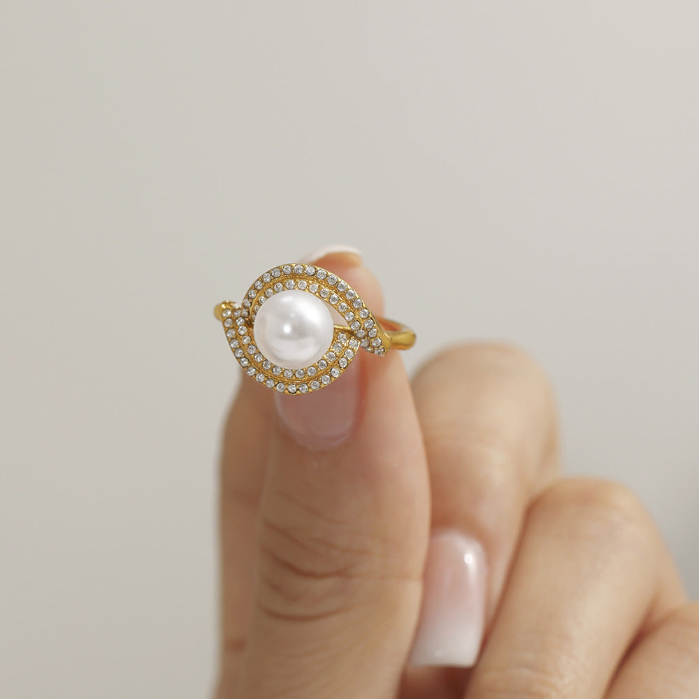 Stainless steel double-layer zircon luster bead ring opening adjustable non-fading luxury jewelry