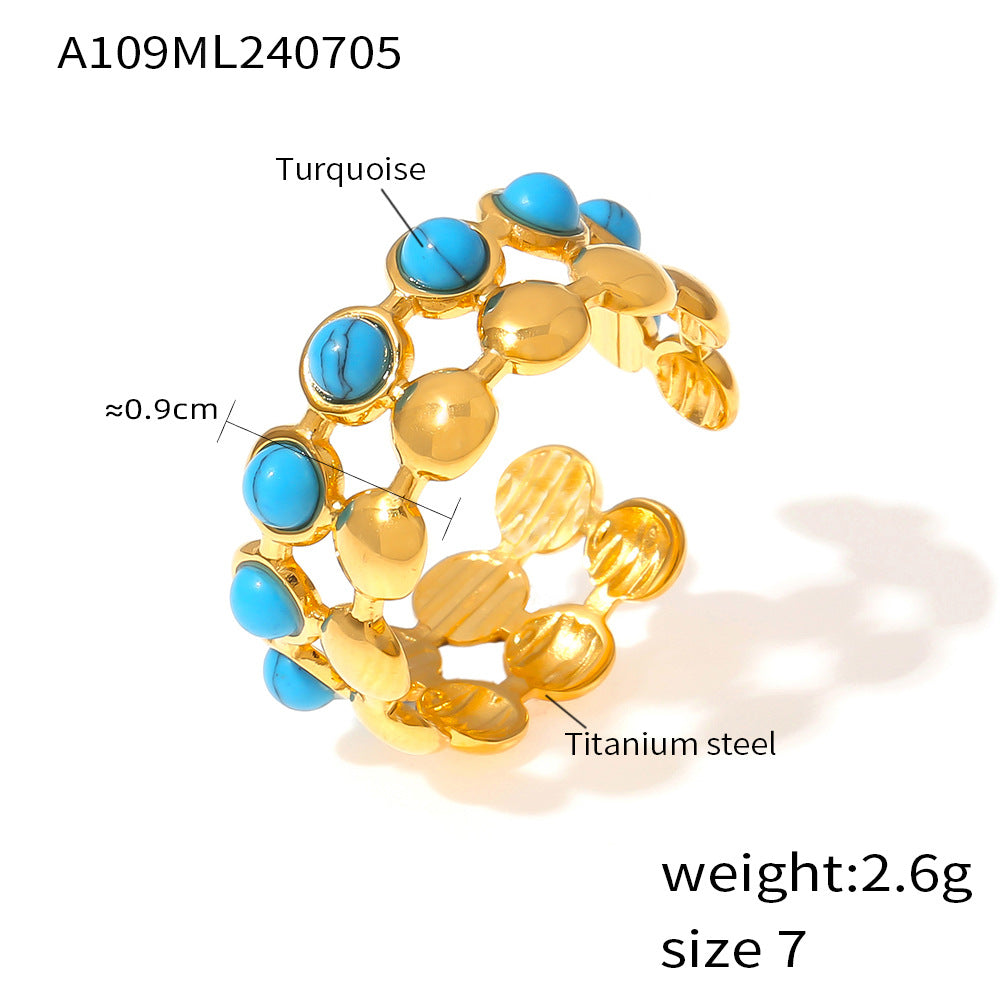 European and American fashion simple personality double-layer jewelry round brand splicing design sense inlaid with blue turquoise titanium steel open ring pp