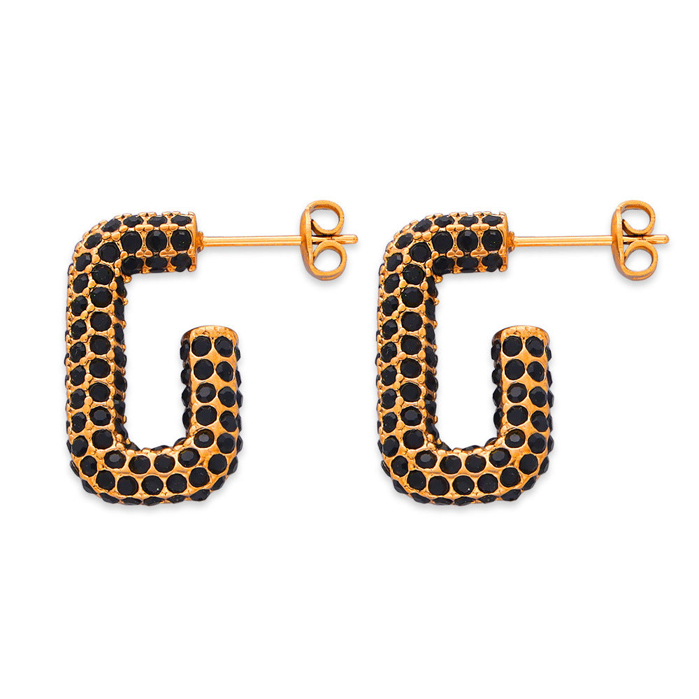 Fashion commuter niche personality inlaid multi-color Czech diamond geometric G-shaped design sense dopamine titanium steel earrings 99