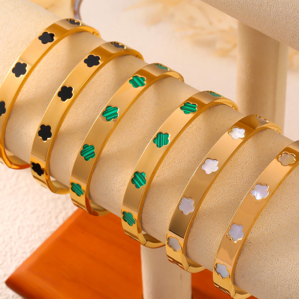 Hot-selling niche personality geometric bracelet flower shape inlaid fritillary acrylic design titanium steel bracelet pp