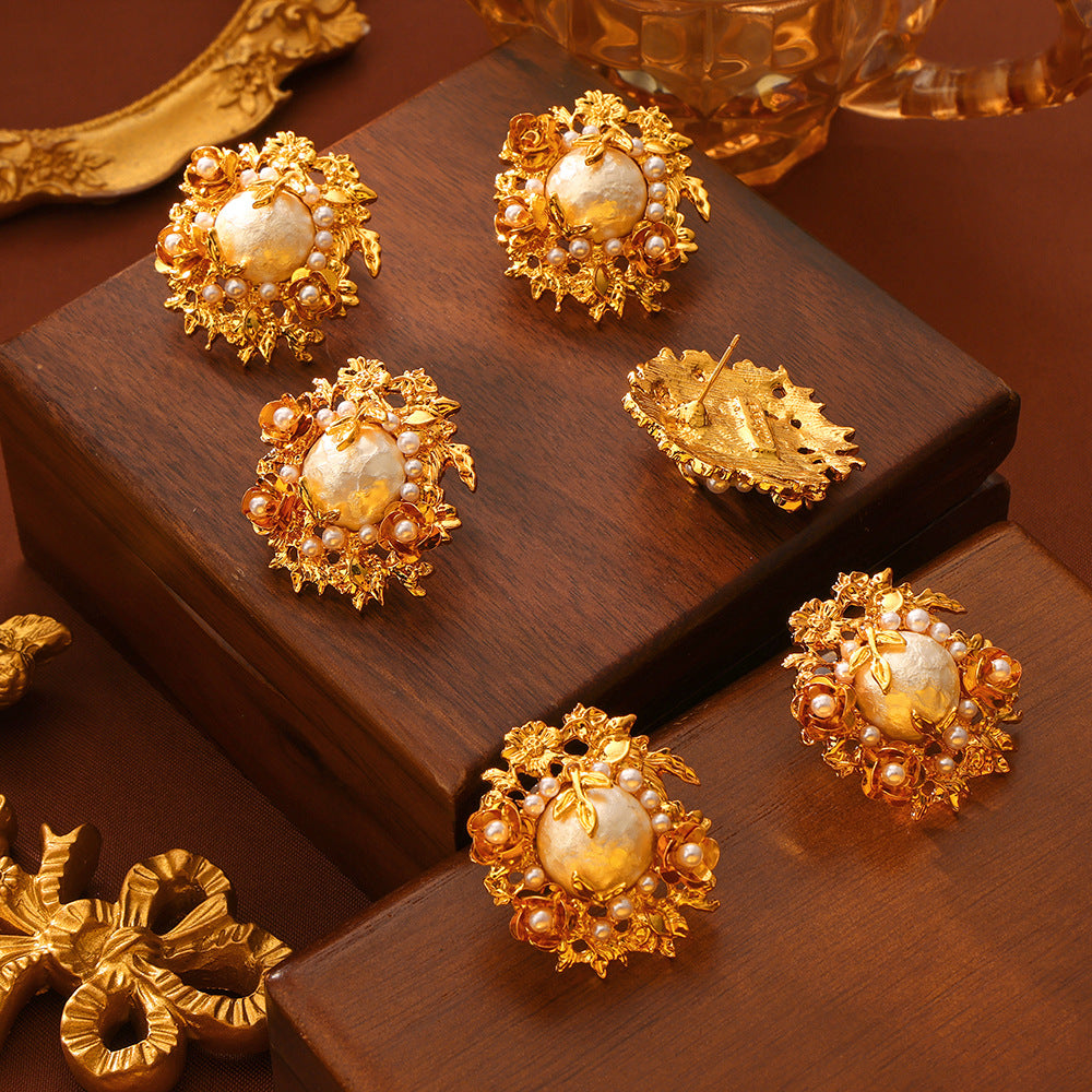 Court style medieval light luxury handmade inlaid bead copper material flowering vintage earrings earrings