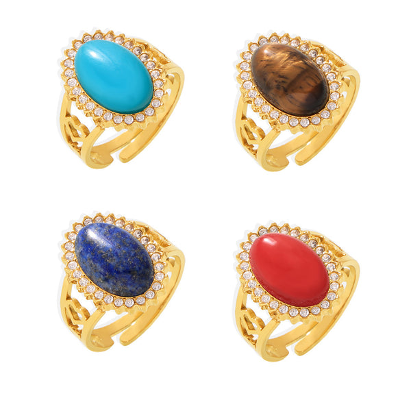 Wave Zircon Oval Natural Stone Open Ring Stainless Steel PVD Plating Adjustable Spot Supply