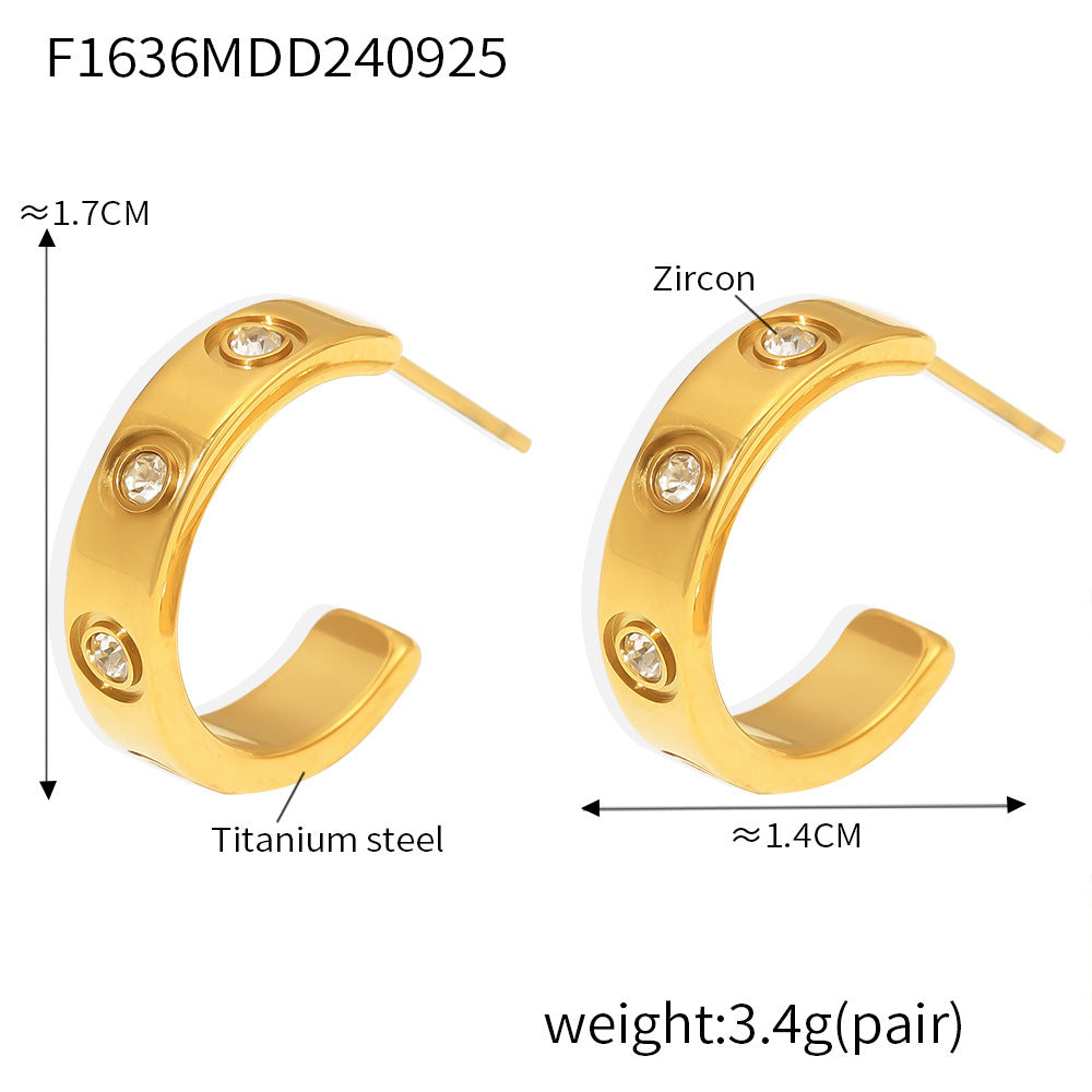 Popular jewelry C-shaped zircon earrings simple cold wind 18K gold-plated titanium steel earrings wholesale