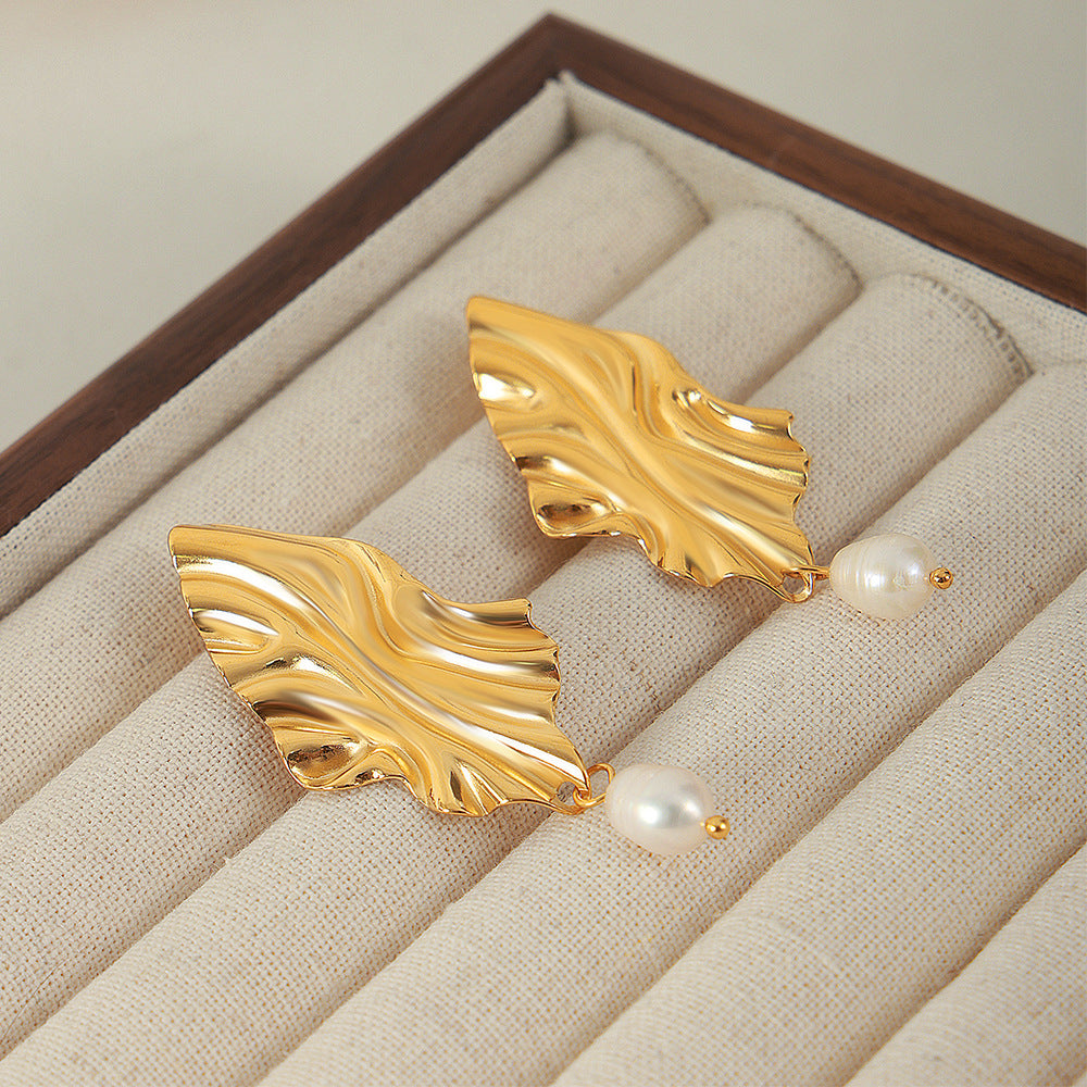 New irregular fashion light luxury personalized titanium steel gold-plated freshwater pearl pendant earrings jewelry women's wholesale
