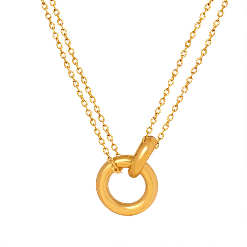 Fashion commuter personality elegant double-ring interlocking double-layer chain stacked wearing wind versatile titanium steel gold-plated necklace jewelry women