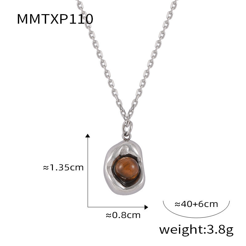 Retro niche jewelry sunken oval brand inlaid tiger's eye design pendant titanium steel jewelry set
