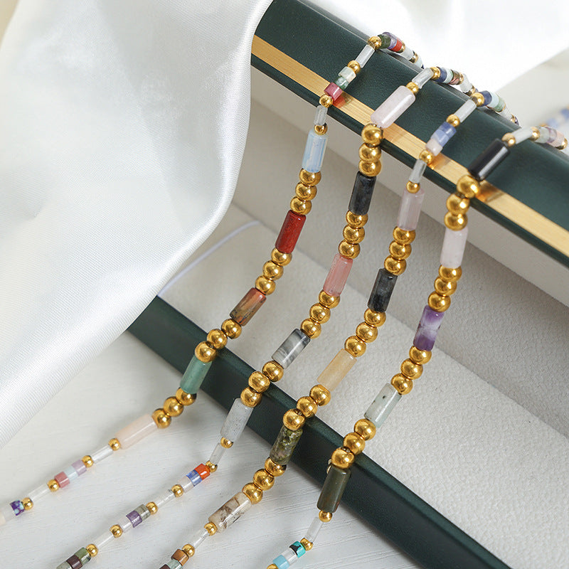 New cross-border high-end light luxury titanium steel gold-plated natural crystal stone handmade beaded necklace jewelry female pp