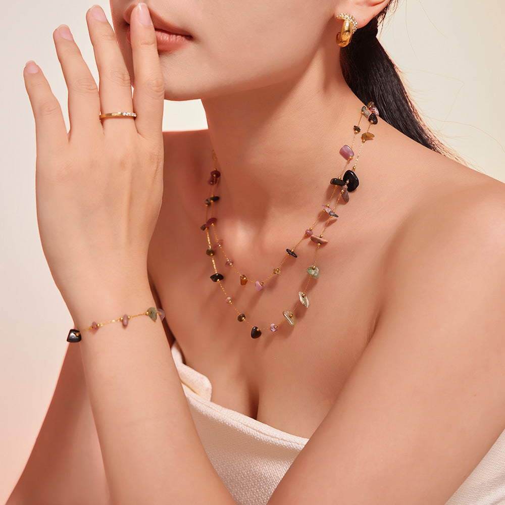 Colored natural gravel necklace bracelet New irregular stainless steel jewelry set for women