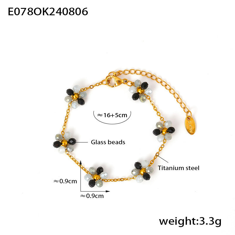 Beaded necklace bracelet anklet handmade girl flower glass bead titanium steel chain jewelry set 99