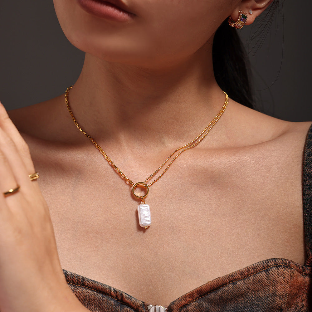 Baroque imitation pearl pendant necklace women's stainless steel plated 18k gold creative niche design clavicle chain