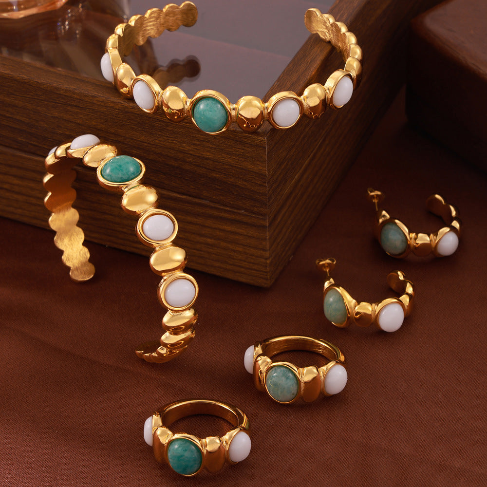 Hot-selling niche personalized jewelry geometric inlaid natural stone splicing round bead design titanium steel jewelry set 99
