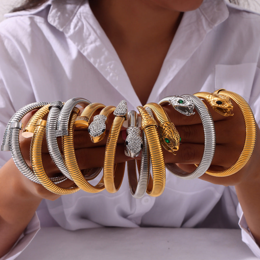 Hot-selling niche personalized opening bracelet inlaid with zircon design sense goose throat shape titanium steel jewelry set pp