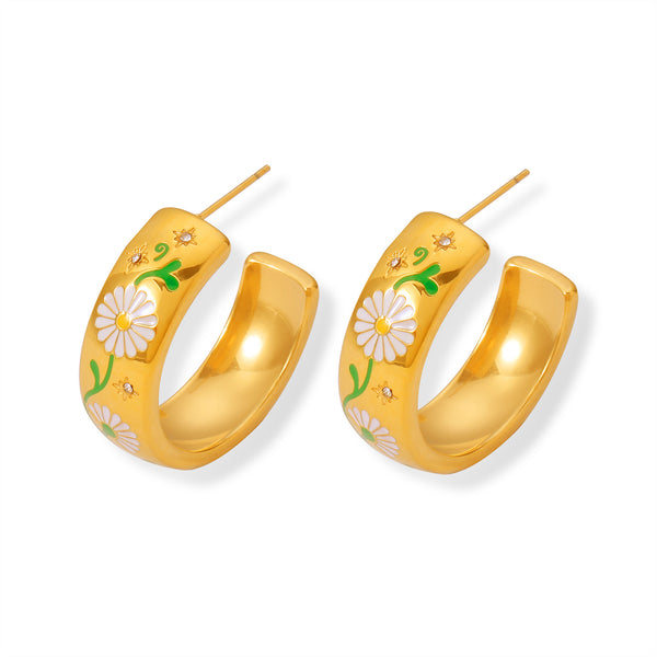 Mori series is fresh, simple and elegant temperament, personalized wide-version jewelry, small daisies, oil dripping design, titanium steel C-shaped earrings