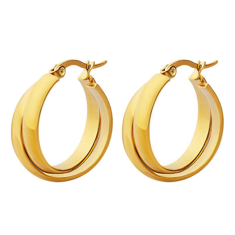 Cold wind and harbor style temperament double spell U shape earrings titanium steel plated 18k gold personalized earrings female F375