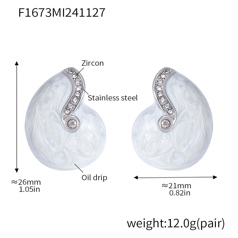 Court stud earrings Conch blue zircon titanium steel PVD gold-plated enamel color glaze simple color-retaining earrings