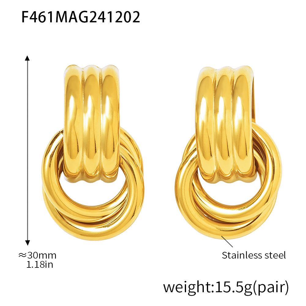 Stainless steel double ring C-shaped pattern high-gloss earrings PVD electroplating 18k real gold color-preserving niche earrings women's 99