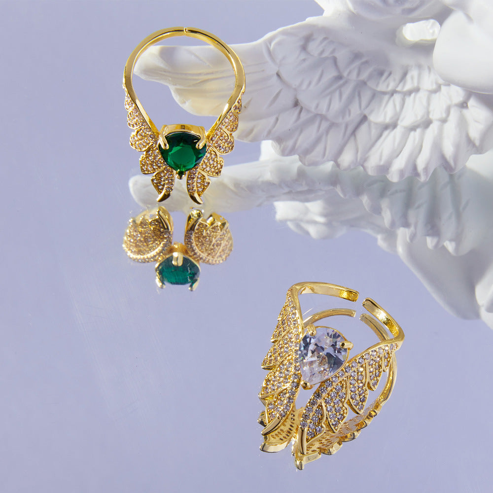 Temperament elegant copper inlaid zircon ring geometric wings diamond design ring accessories ring