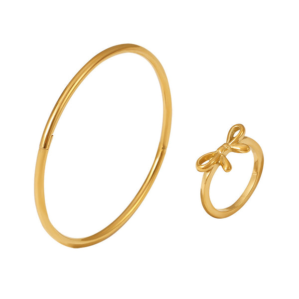Bow ring, smooth buckle plain ring bracelet, stainless steel PVD-plated 18K gold niche jewelry set