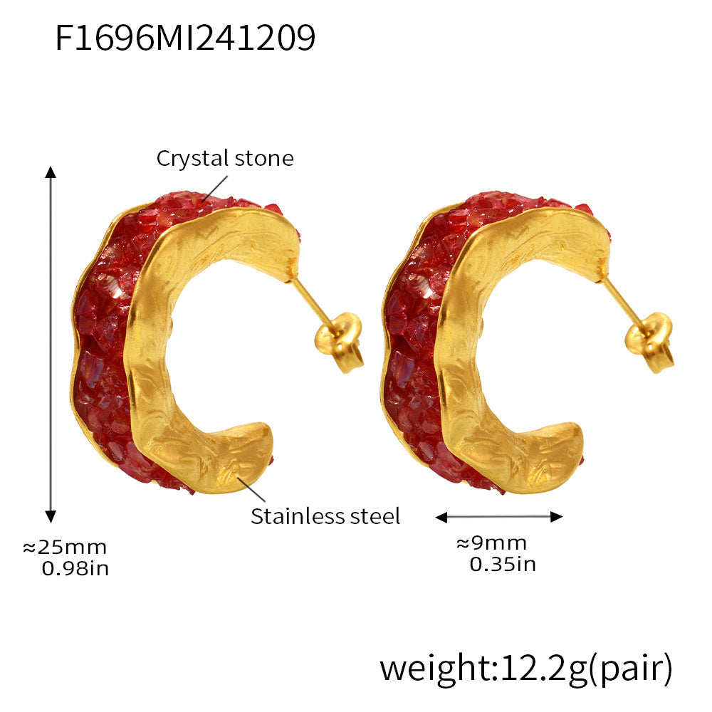 Stainless Steel Crystal Stone C-Type Earrings Sparkling Luxury Temperament PVD Plated Real Gold Earrings