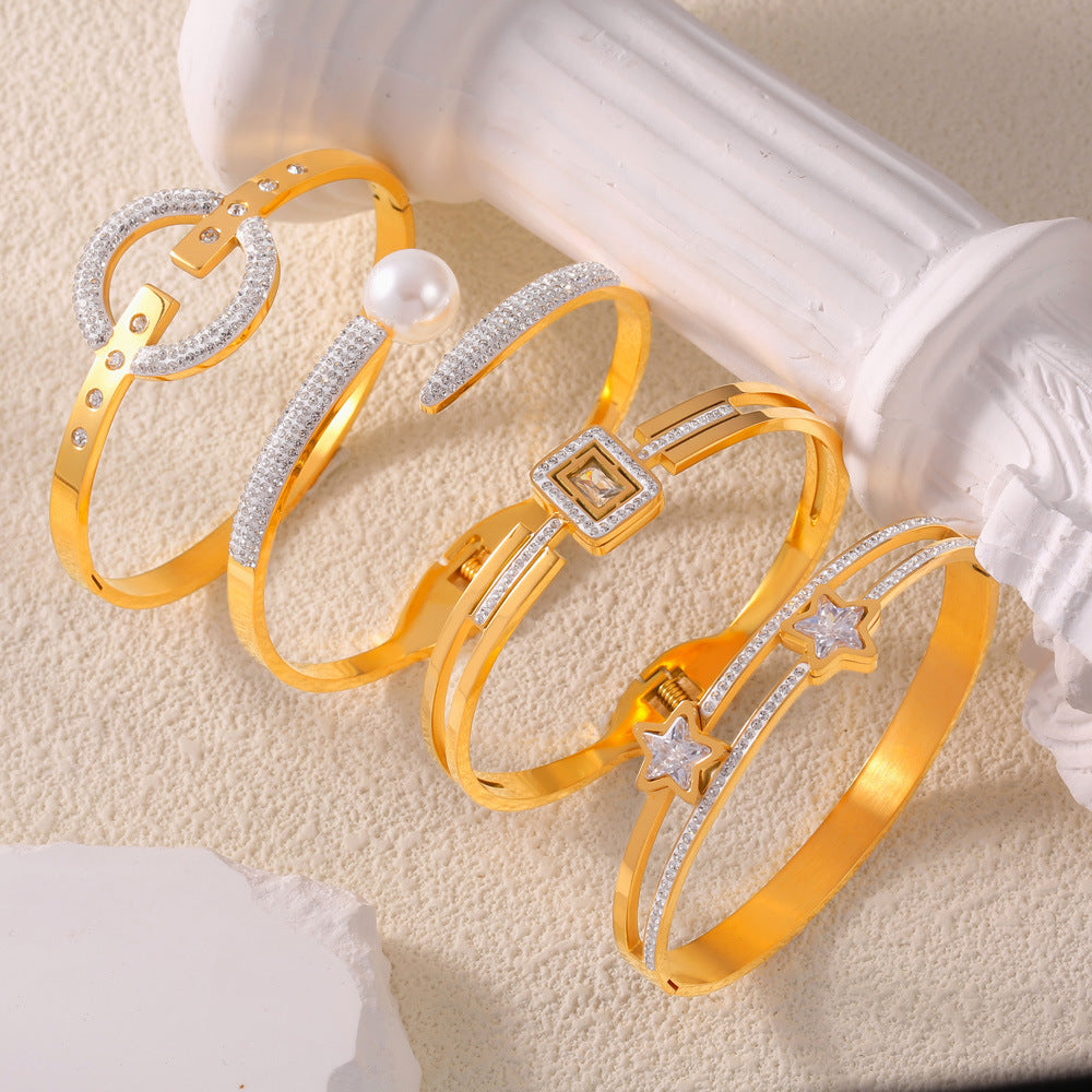 Trend fashion simple personality niche jewelry geometric multi-layer diamond design titanium steel gold-plated hollow bracelet pp