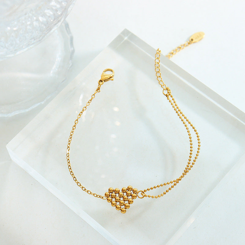 Bracelet Double Chain Steel Ball Peach Heart Love Pendant Bracelet Women's Titanium Steel 18k Gold Jewelry E203