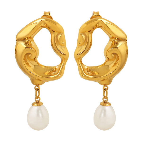Retro light luxury plated 18K gold hollow lava irregular earrings women's freshwater pearl pendant exaggerated earrings 99