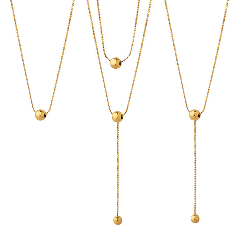 Cold wind minimalist design sense double layer stacked bead necklace female titanium steel fringed collarbone chain P671pp