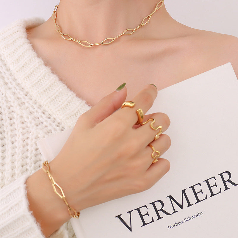 Hip-hop design geometric elements stacked simple bare chain titanium steel plated 18K gold bracelet accessories set pp
