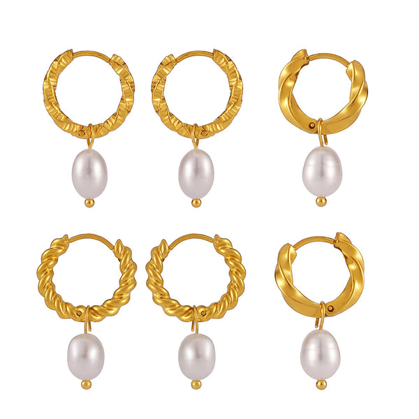 Stainless steel twist buckle natural freshwater cultured pearl stud earrings PVD electroplated 18K real gold earrings women's 99