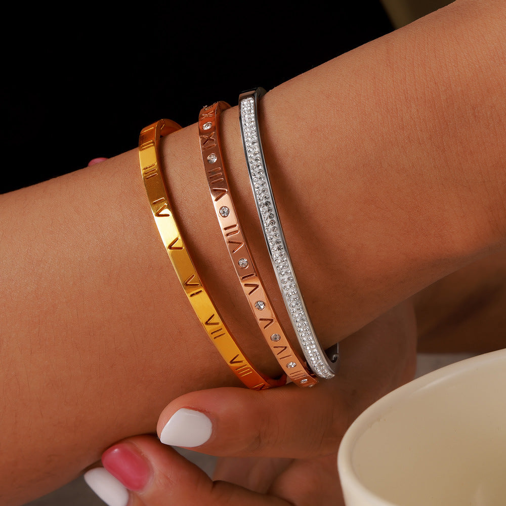 Retro niche personality unique simple jewelry engraved Roman numerals design sense diamond inlaid titanium steel gold plated bracelet