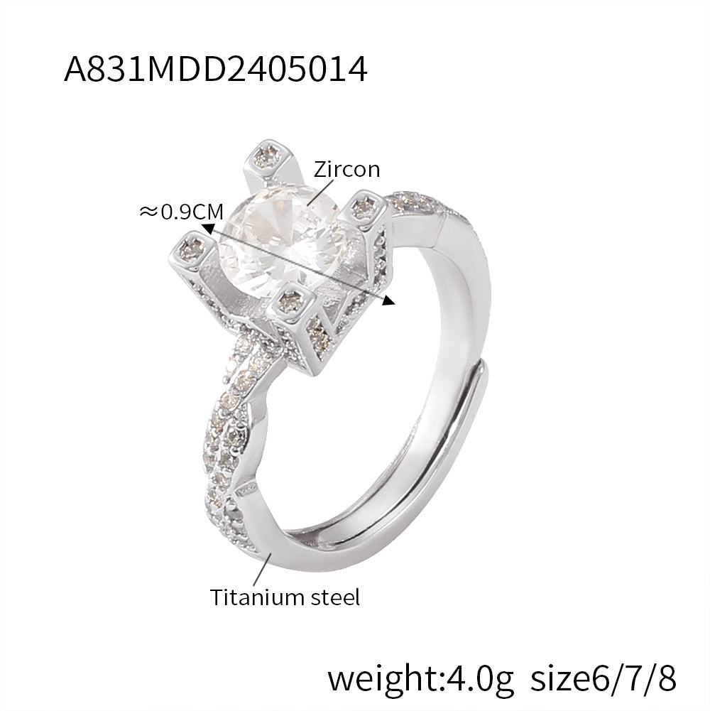 Fashion niche light luxury temperament zircon ring titanium steel gold-plated geometric texture design ring