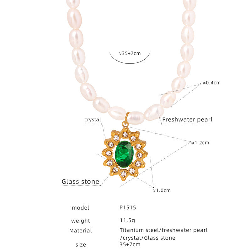 New retro style temperament light luxury freshwater pearl French pendant necklace titanium steel stud earrings jewelry set