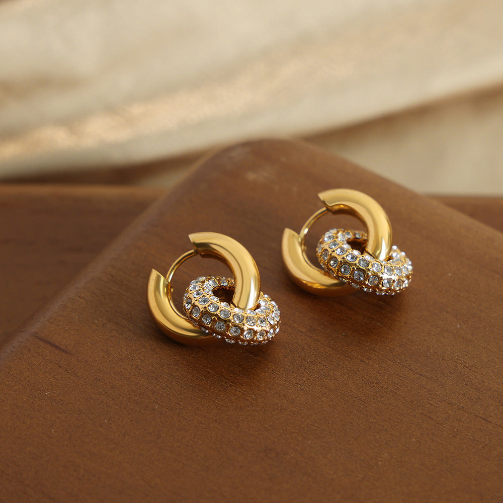 New high-end light luxury personalized fashion retro titanium steel gold-plated diamond round versatile earrings jewelry women 99