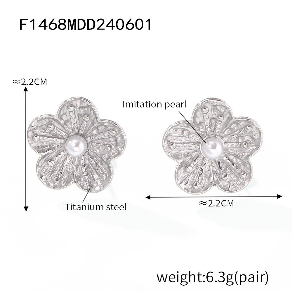 Textured petals flower inlaid bead stud earrings stainless steel electroplated 18K real gold earrings earrings combination