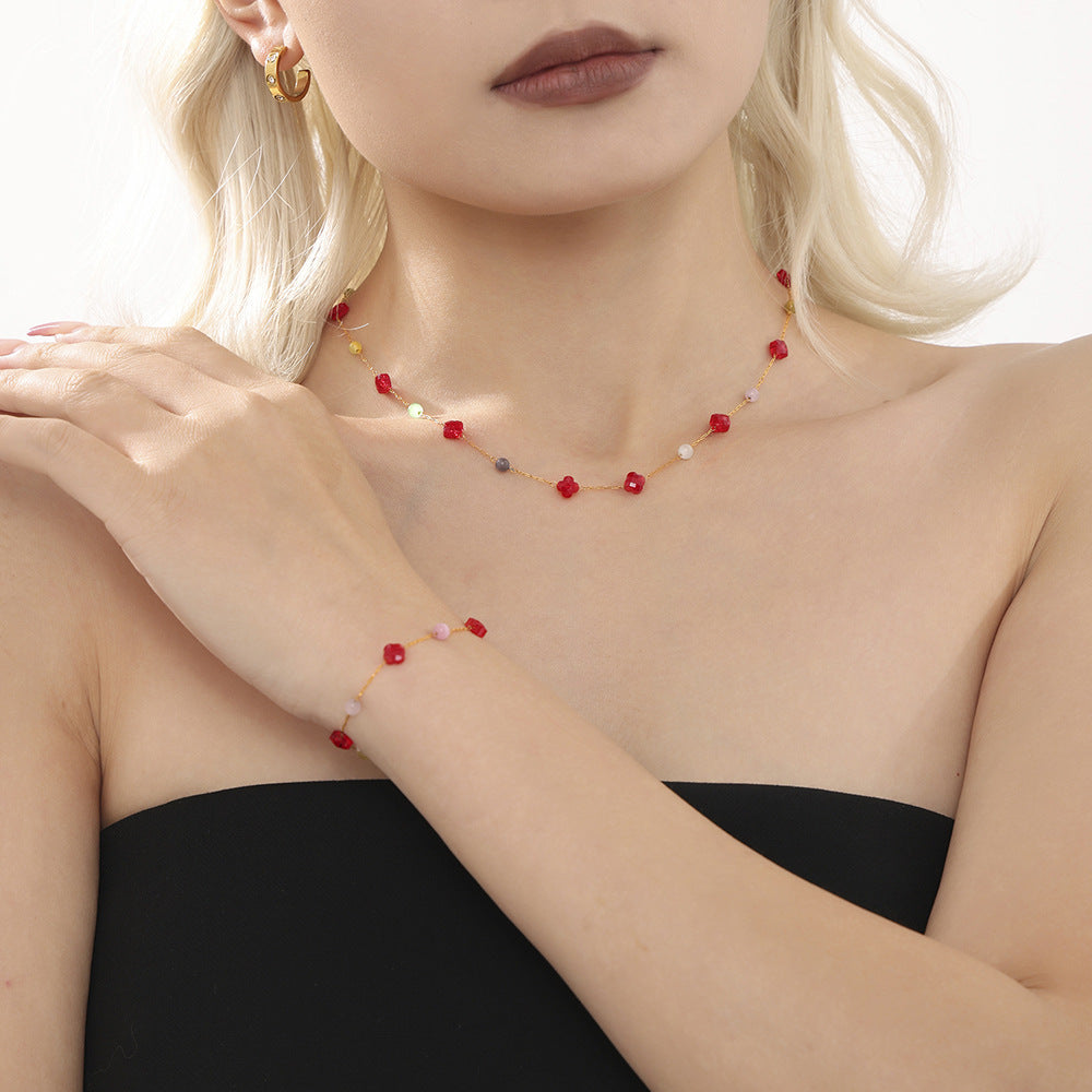 Colorful natural stone collarbone necklace bracelet, stainless steel niche dopamine handmade chain set for women