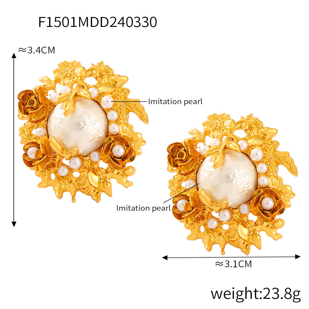 Court style medieval light luxury handmade inlaid bead copper material flowering vintage earrings earrings