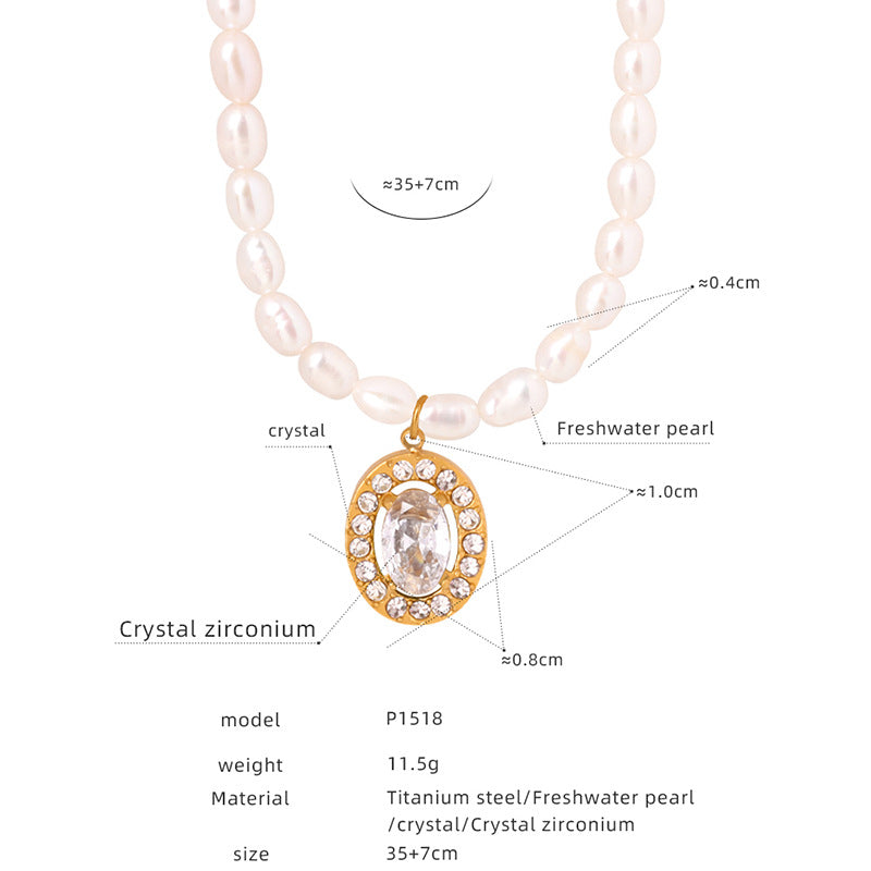 New retro style temperament light luxury freshwater pearl French pendant necklace titanium steel stud earrings jewelry set