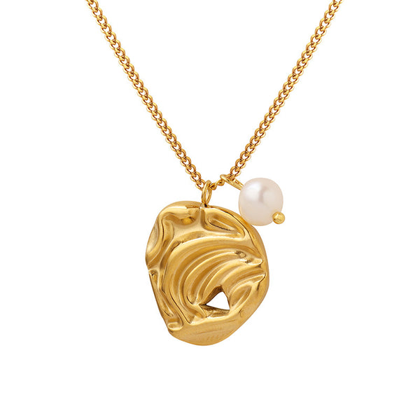 Creative Abstract Art Irregular Pendant Freshwater Pearl Necklace Women's Titanium Steel Gold Plated Jewelry P912
