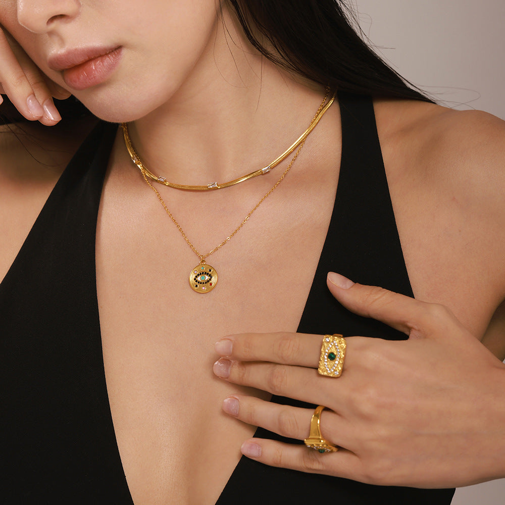 Devil's Eye Zircon Necklace Ring Creative Trend Titanium Steel 18K Electroplating Real Gold Color Retaining Spot Jewelry