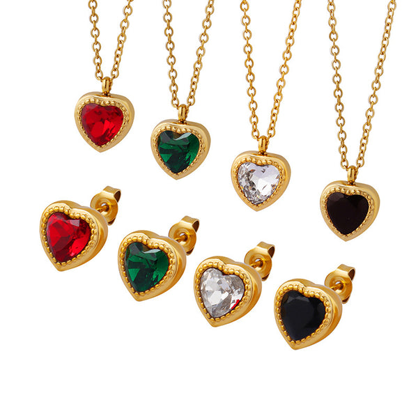 Summer niche design multi-color zircon inlaid love pendant necklace earrings gold-plated edge jewelry set
