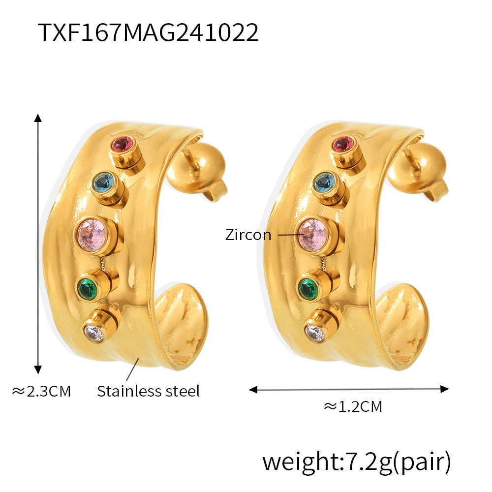 Mixed color zircon open ring women's C-shaped earrings stainless steel plated 18K real gold color retention jewelry set