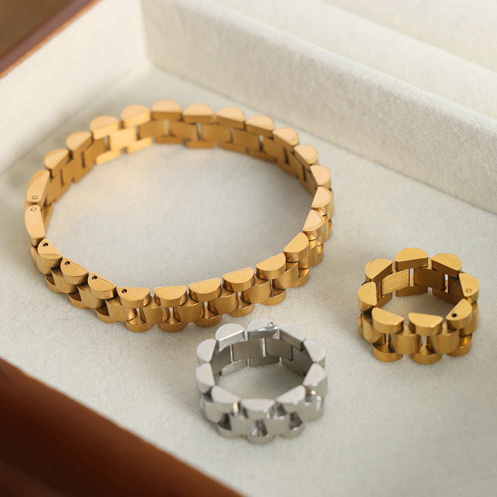 New high-end personalized chain titanium steel gold-plated creative fashion bracelet earrings ring set jewelry women pp