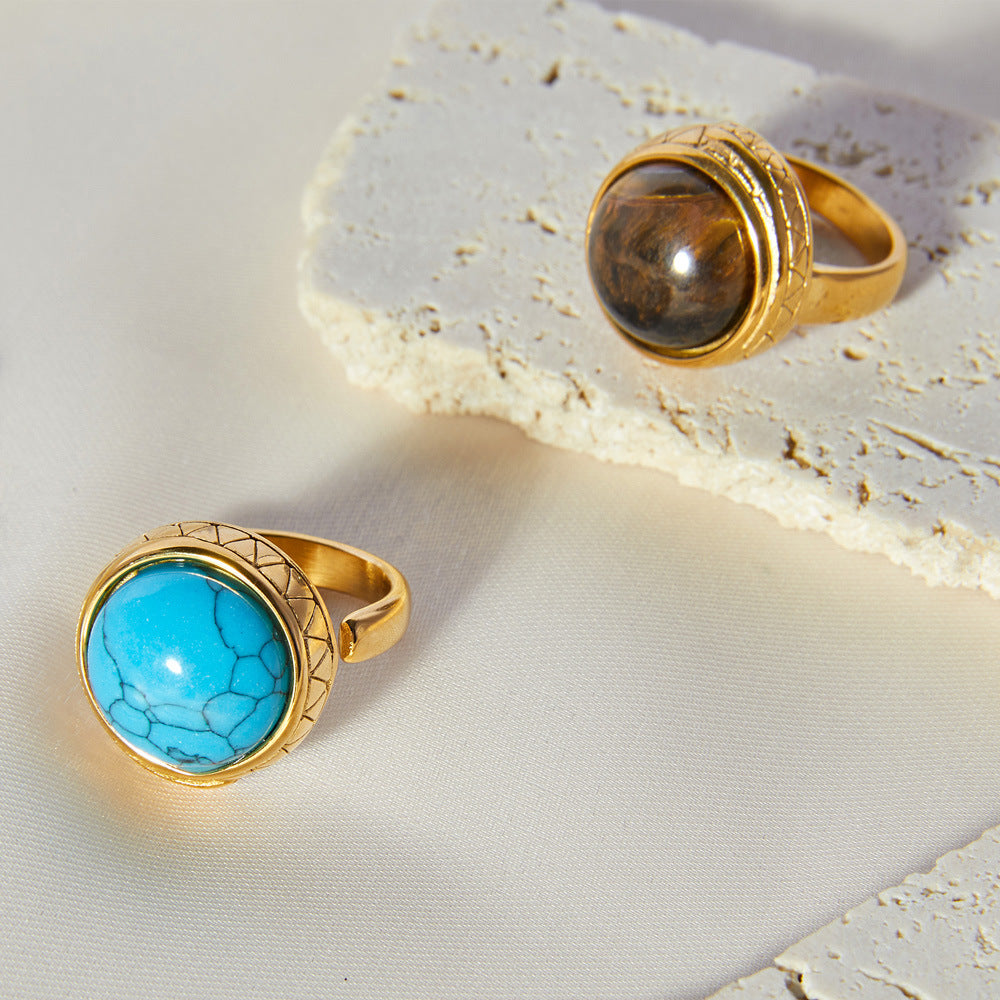 Retro personality simple niche texture lace temperament ring inlaid tiger's eye design titanium steel open ring