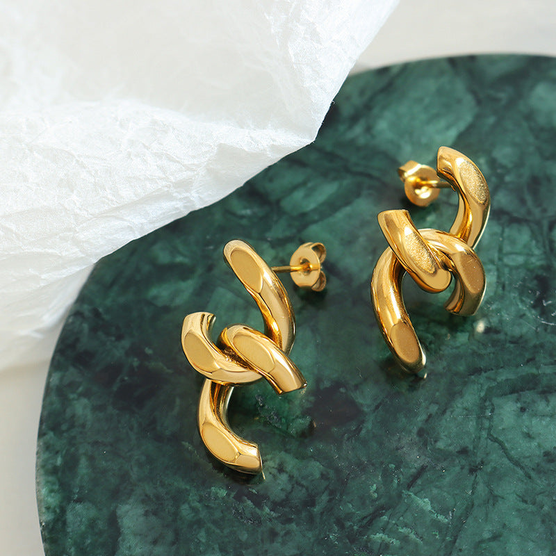 Chain splicing stud earrings women's titanium steel plated 18k gold earrings personalized ins cold wind earrings wholesale F393pp
