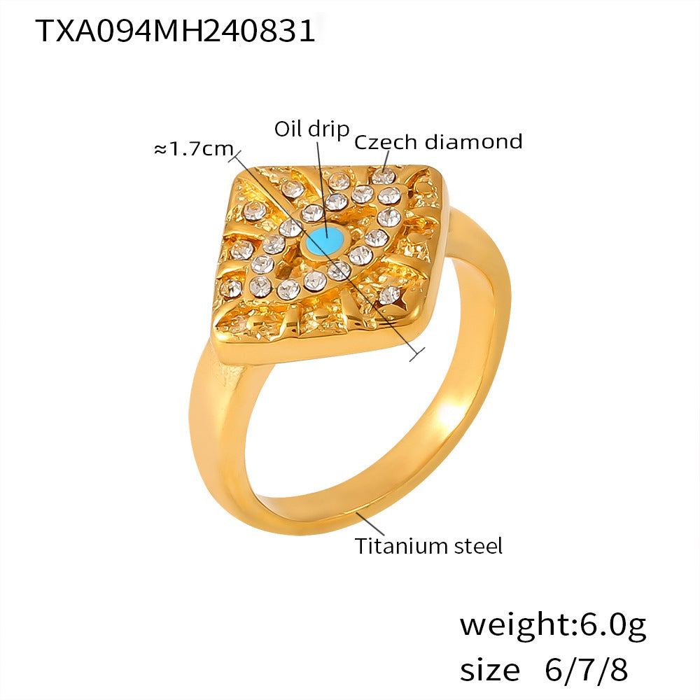 Magic Eye Diamond Square Pendant Clavicle Necklace Fashion Ring Set Titanium Steel PVD Plated 18K Gold