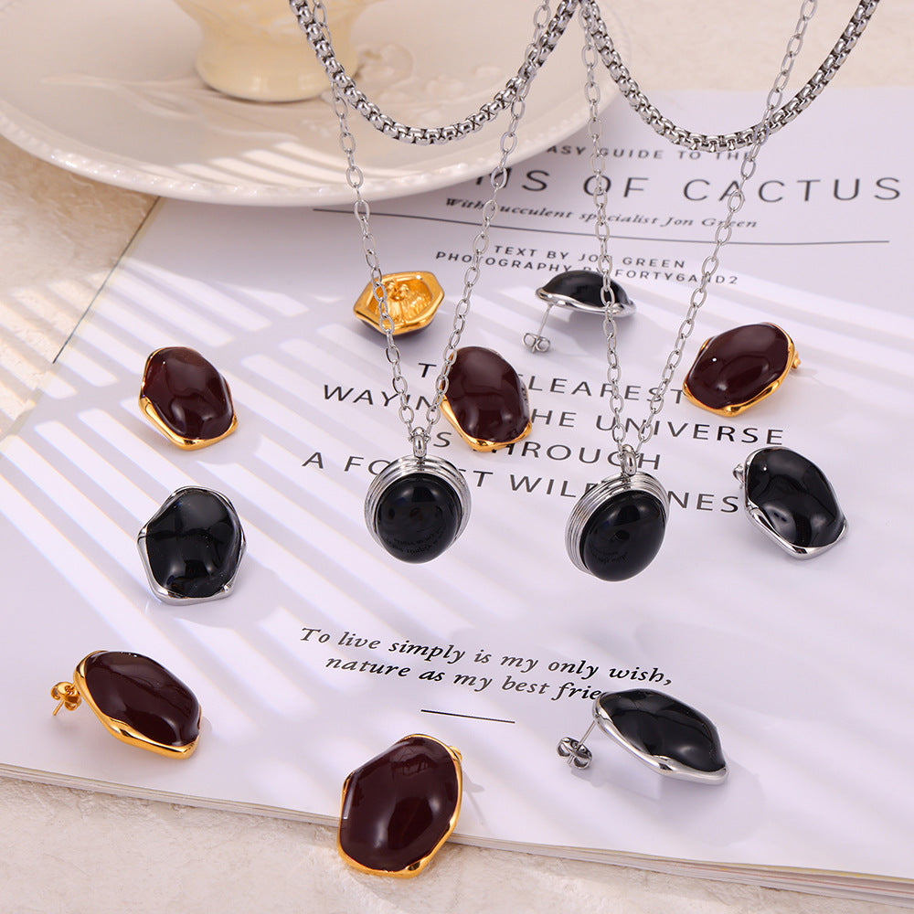 Retro personality simple temperament light luxury jewelry inlay design weight color glaze titanium steel jewelry set