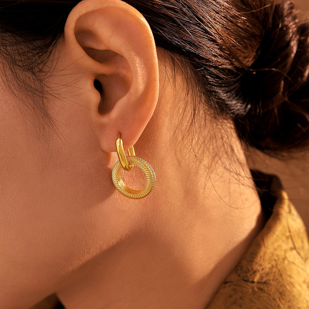 Stylish Double Ring Threaded Earrings Stainless Steel PVD Plated Simple Circles Non-Allergy Popular Earrings Spot