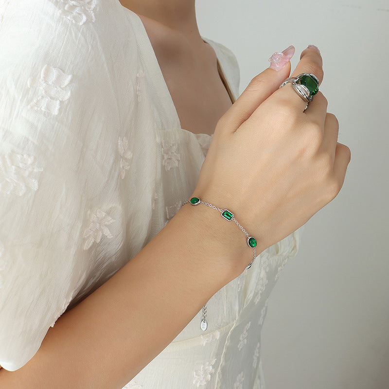Niche design court style accessories Douyin same jewelry emerald zircon inlaid titanium steel gold-plated bracelet 99