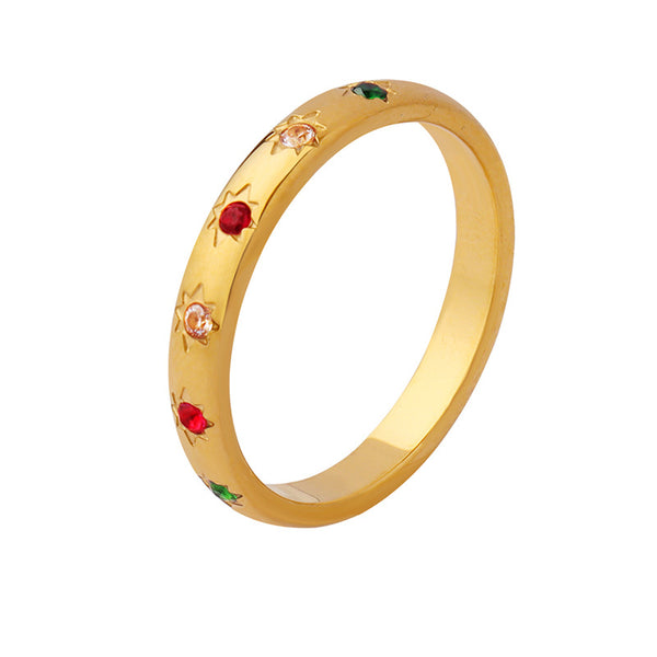 New titanium steel plain ring ring, stainless steel gold-plated inlaid red, white and green zircon ring trendy personalized accessories pp