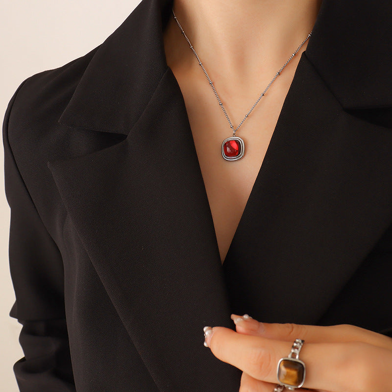 Accessories Women's Natural Crystal Stone Square Pendant Necklace Earrings, Titanium Steel Plated 18K Gold Jewelry Set pp